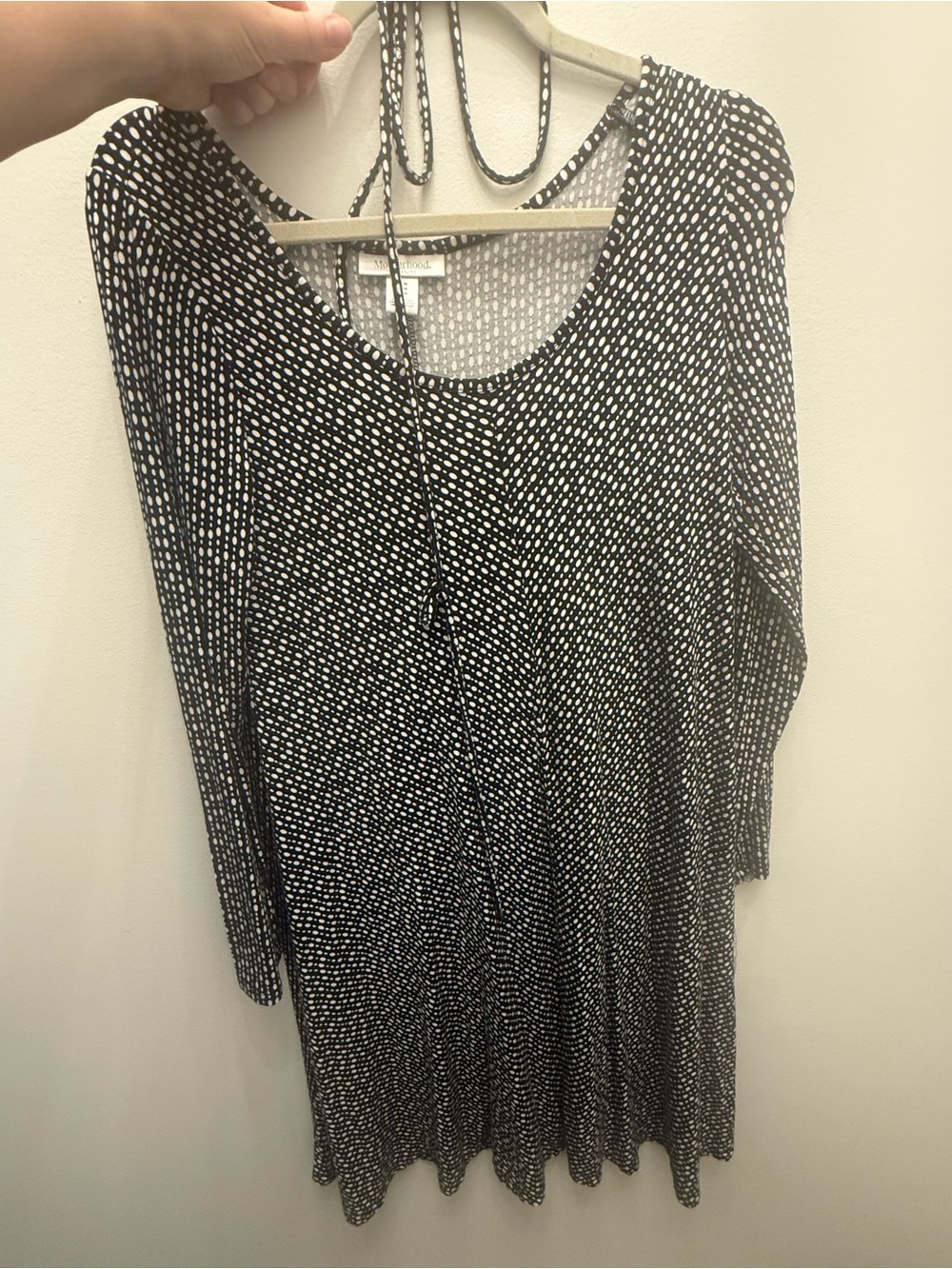 Motherhood Black & White Dot-Print Long Sleeve Maternity Dress with Tie